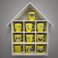 Multiple Yellow Mugs With Different Cartoon Faces On White House Shaped Shelf 3d model