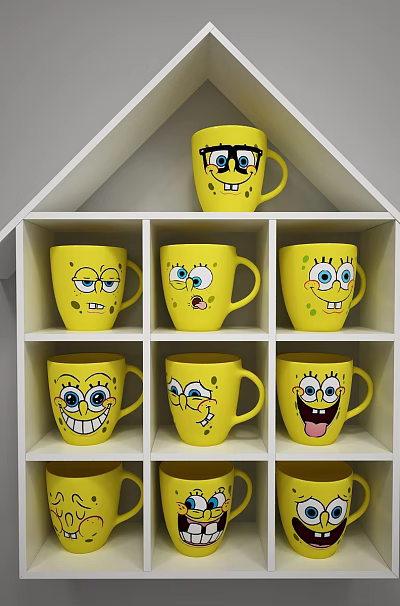 Multiple Yellow Mugs With Different Cartoon Faces On White House Shaped Shelf 3d model