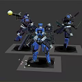 Game And Movie Robot Characters In Blue Metallic Design With Weapons And Black Bases