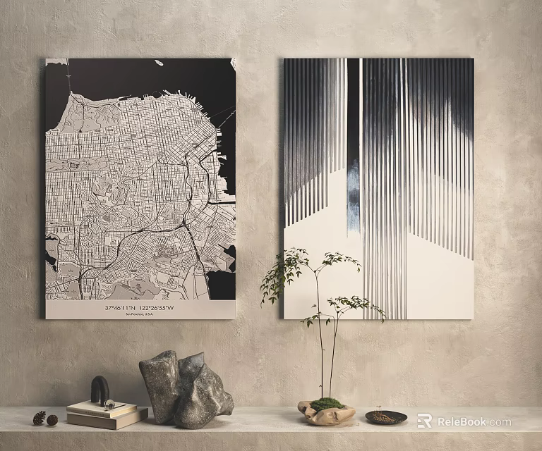 Two Wall Art Prints Featuring City Map And Abstract Lines With Decorative Items 3d model