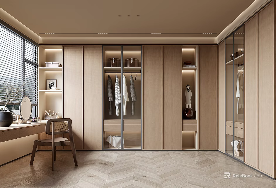 Modern Walk In Closet Interior With Wooden Cabinets Glass Doors And Dressing Table 3d model 