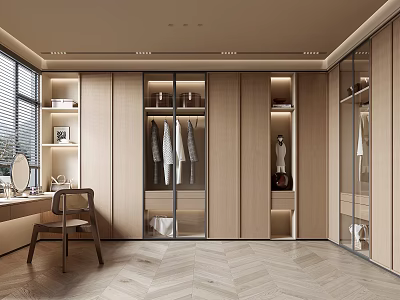 Modern Walk In Closet Interior With Wooden Cabinets Glass Doors And Dressing Table 3d model