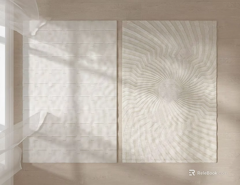 Light Colored Square Rugs With Grid And Spiral Patterns On Wooden Floor 3d model 