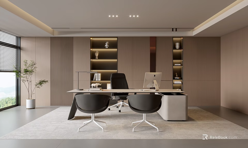 Modern Office Interior With Desk Black Chairs Computer Bookshelves And Green Plant 3d model 