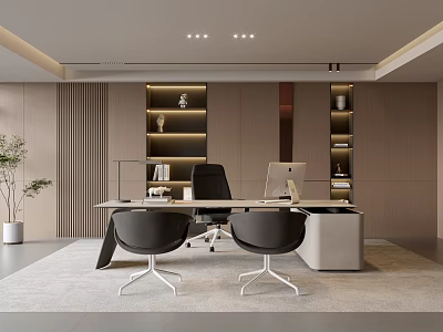 Modern Office Interior With Desk Black Chairs Computer Bookshelves And Green Plant 3d model