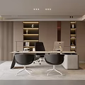 Modern Office Interior With Desk Black Chairs Computer Bookshelves And Green Plant