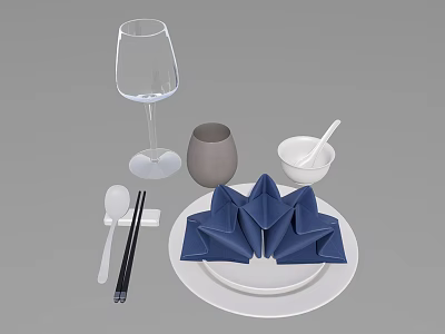 Elegant Dinnerware Set with White Plate Blue Napkin Chopsticks Wine Glass and Gray Cup 3d model