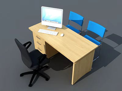 Wooden Office Desk With Computer Monitor Keyboard Mouse Two Blue Chairs And Black Office Chair 3d model