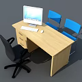 Wooden Office Desk With Computer Monitor Keyboard Mouse Two Blue Chairs And Black Office Chair