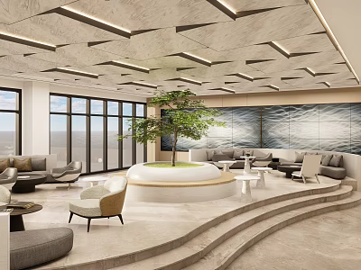 Modern Service Hall Interior Design With Spacious Space Sofas Green Plants And Large Windows 3d model