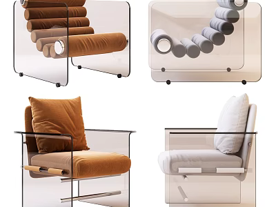 Modern Accent Leisure Chair With Transparent Frame Brown Light Gray Cushions And Contemporary Design 3d model