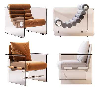 Modern Accent Leisure Chair With Transparent Frame Brown Light Gray Cushions And Contemporary Design 3d model