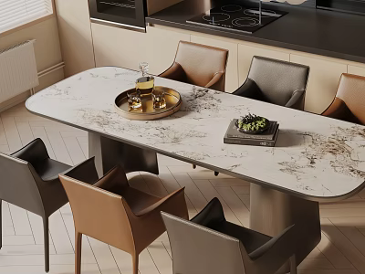 Elegant Modern Dining Table Set With Marble Top Brown Gray Chairs Tray And Greenery 3d model