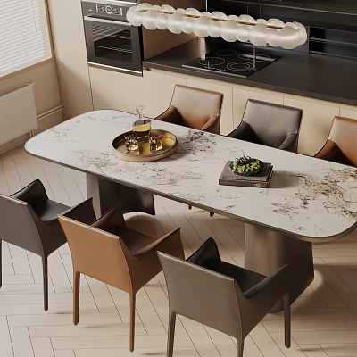 Elegant Modern Dining Table Set With Marble Top Brown Gray Chairs Tray And Greenery 3d model