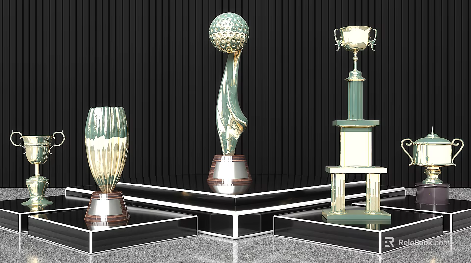 Diverse Designed Trophies Showcased On Modern Display Stands Against Black Background 3d model 