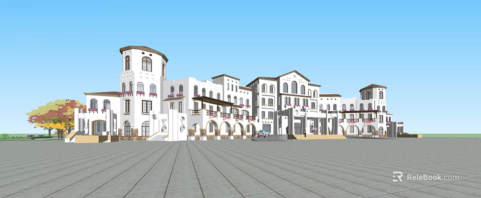 European Style White Buildings With Arched Windows Balconies And Square Plaza 3d model 