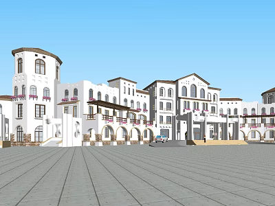 European Style White Buildings With Arched Windows Balconies And Square Plaza 3d model