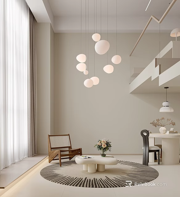 Loft Living Room With Pendant Lights And Minimalist Decor 3d model 