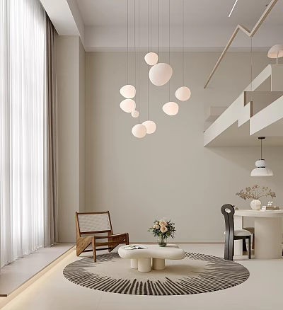 Loft Living Room With Pendant Lights And Minimalist Decor 3d model