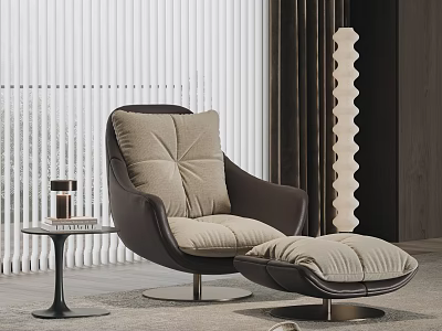 Modern Leisure Chair With Beige Cushion Brown Frame And Ottoman Near Striped Wall 3d model
