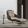 Modern Leisure Chair With Beige Cushion Brown Frame And Ottoman Near Striped Wall