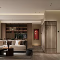 Modern Living and Dining Room Interior with Wooden Cabinets Sofa Coffee Table and Large Window
