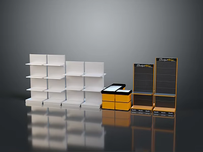 Modern Furniture White Shelves And Yellow Display Racks With Multi Tiered Structure 3d model