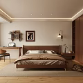 Modern Bedroom Interior With Wooden Bed Desk Chair Framed Painting And Wall Lamp