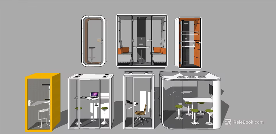 Modern Public Facilities With Transparent Enclosed Work Pods And Seating Tables 3d model 