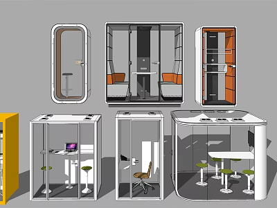 Modern Public Facilities With Transparent Enclosed Work Pods And Seating Tables 3d model