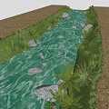 Scenic Garden Landscape With Natural Stream Stones And Lush Green Foliage