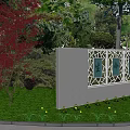 Garden Landscape with Gray Walls Intricate Decorative Windows Natural Motifs Green Trees and Small Plants