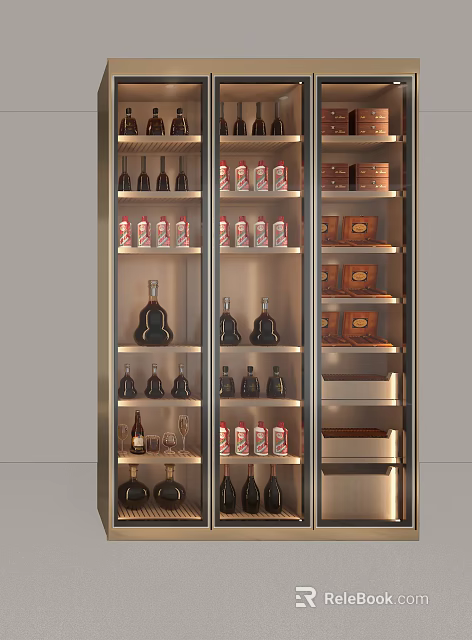 Wine Cellar Interior Design With Glass Door Cabinets Displaying Various Wine Bottles And Glassware 3d model 