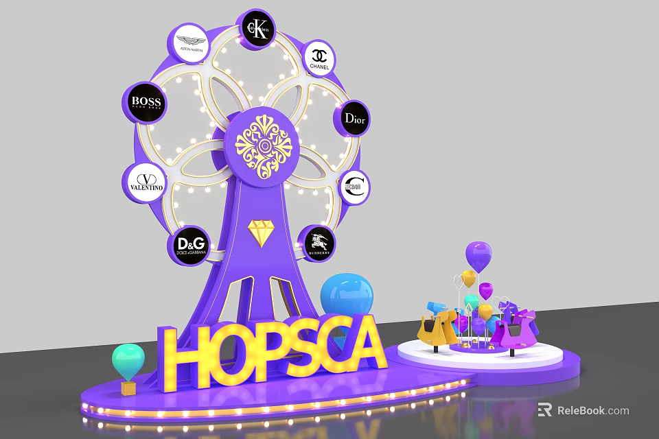 Luxury Photo Check in Spot With Purple Ferris Wheel Hopsca Brand Logos And Balloons 3d model 