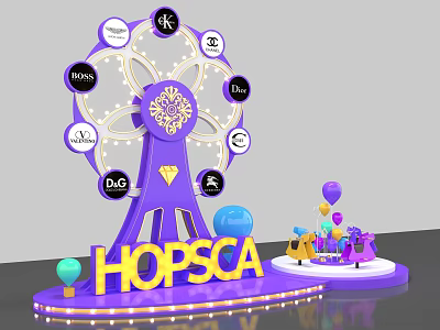 Luxury Photo Check in Spot With Purple Ferris Wheel Hopsca Brand Logos And Balloons 3d model