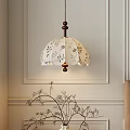 Floral Pattern Pendant Light With Wooden Base Hanging In Paneled Wall Room With Decorative Plant