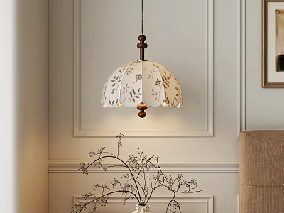 Floral Pattern Pendant Light With Wooden Base Hanging In Paneled Wall Room With Decorative Plant 3d model