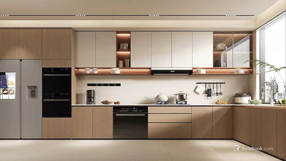 Modern Kitchen Interior Design With Wooden White Cabinets And Built in Appliances And Coffee Maker 3d model 