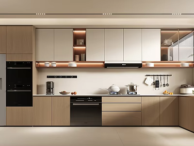 Modern Kitchen Interior Design With Wooden White Cabinets And Built in Appliances And Coffee Maker 3d model