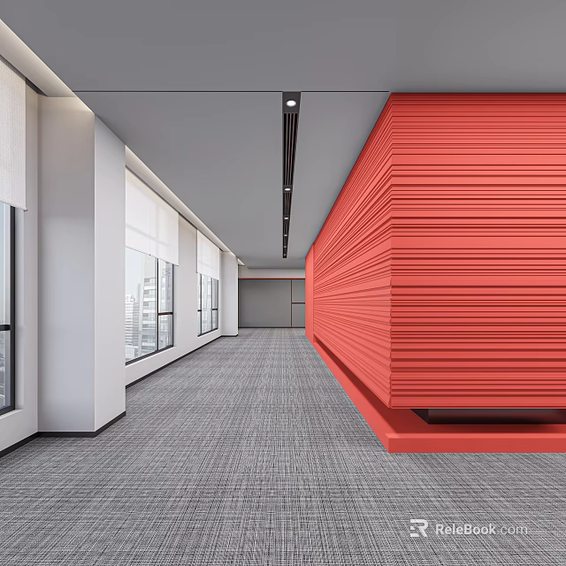 Modern Elevator Hallway Interior With Red Textured Wall Gray Carpet And Large Windows 3d model