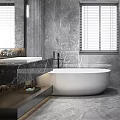 Modern Bathroom with Gray Marble Walls Floors White Bathtub Glass Shower Toilet Double Sink Vanity