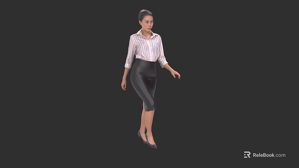 Woman in Striped Shirt and Black Pencil Skirt Standing with High Heels on Dark Background 3d model 