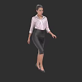 Woman in Striped Shirt and Black Pencil Skirt Standing with High Heels on Dark Background