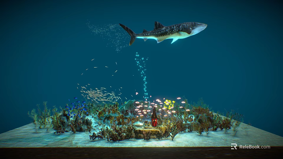 Whale Shark Swimming in Ocean with Small Fish Coral and Bubbles 3d model 