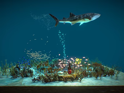 Whale Shark Swimming in Ocean with Small Fish Coral and Bubbles 3d model