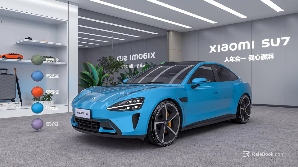 Blue Xiaomi SU7 Electric Sports Car Displayed In Modern Showroom Setting 3d model 
