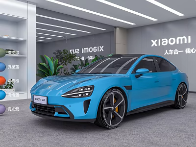 Blue Xiaomi SU7 Electric Sports Car Displayed In Modern Showroom Setting 3d model