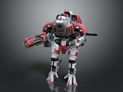 Red And White Mecha Robot Character With Weapon Systems And Mechanical Structure 3d model