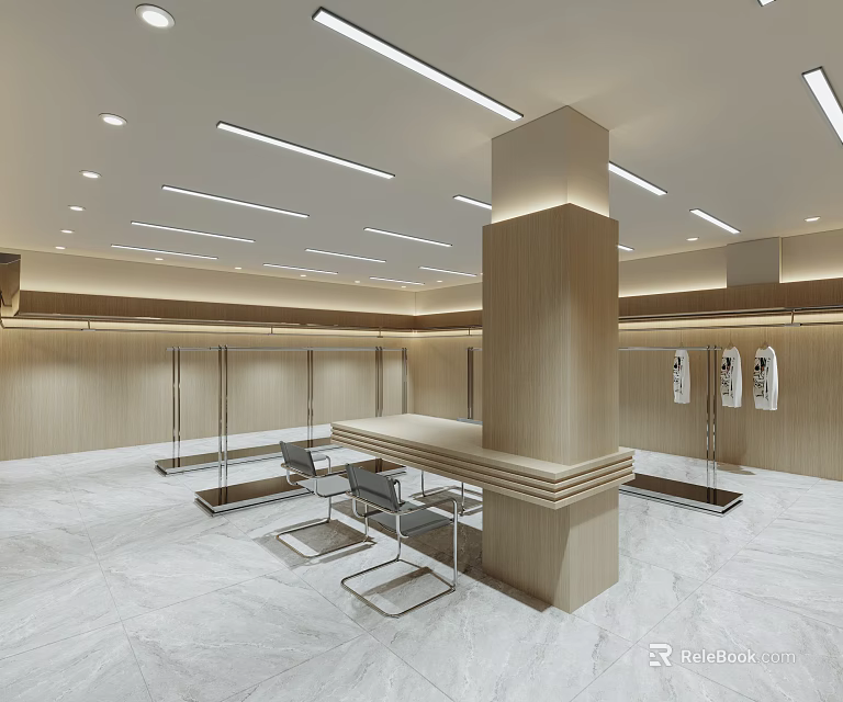 Modern Clothing Store Interior With Wooden Columns Hanging Racks Display Counter And Ceiling Lighting 3d model 