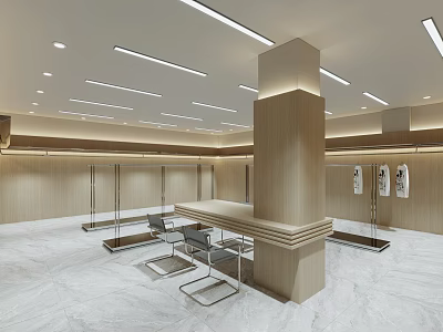 Modern Clothing Store Interior With Wooden Columns Hanging Racks Display Counter And Ceiling Lighting 3d model